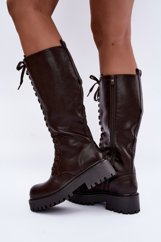 Botas altas calentitas de mujer con plataforma y cordones en chocolate Kasmina