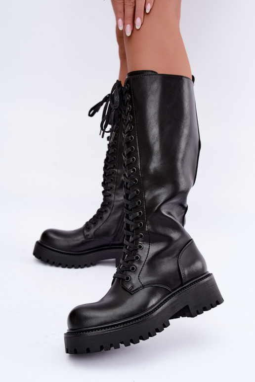 Botas altas calentitas de mujer con plataforma y cordones en negro Kasmina