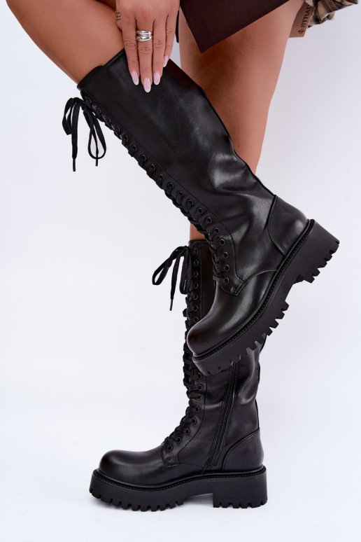 Botas altas calentitas de mujer con plataforma y cordones en negro Kasmina