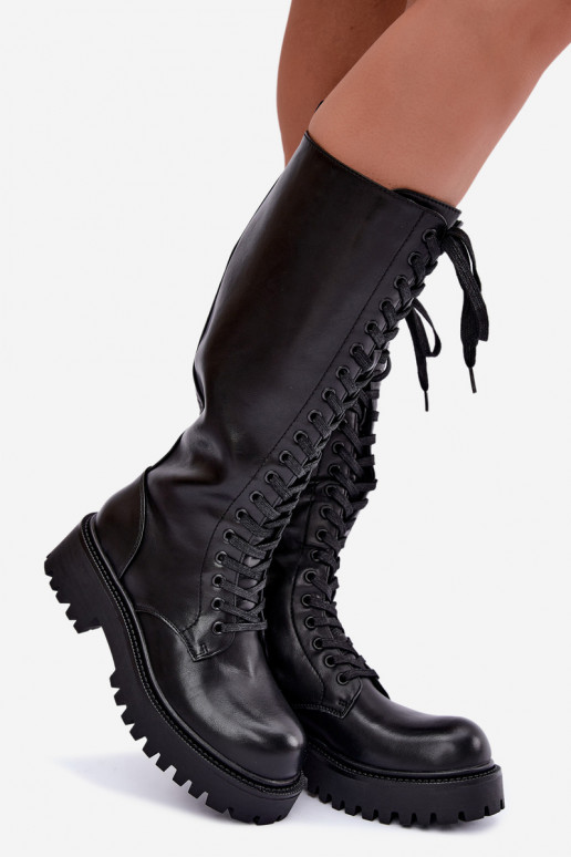 Botas altas calentitas de mujer con plataforma y cordones en negro Kasmina
