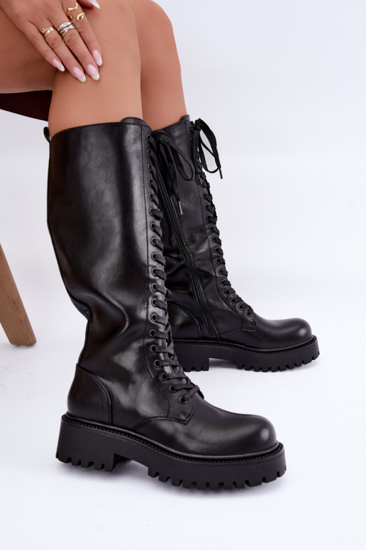 Botas altas calentitas de mujer con plataforma y cordones en negro Kasmina