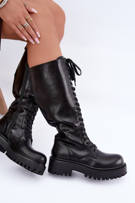 Botas altas calentitas de mujer con plataforma y cordones en negro Kasmina