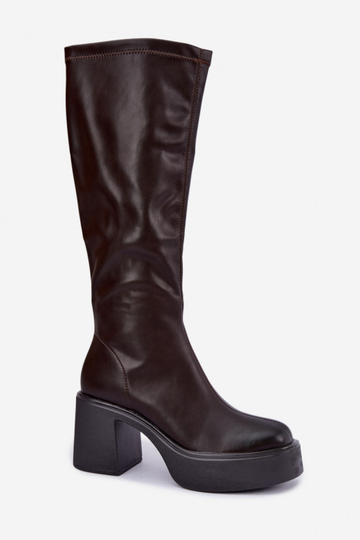 Botas altas para mujer con plataforma y tacones de cuero sintético color chocolate Nesalie