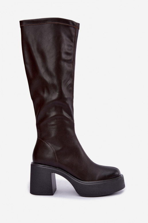 Botas altas para mujer con plataforma y tacones de cuero sintético color chocolate Nesalie