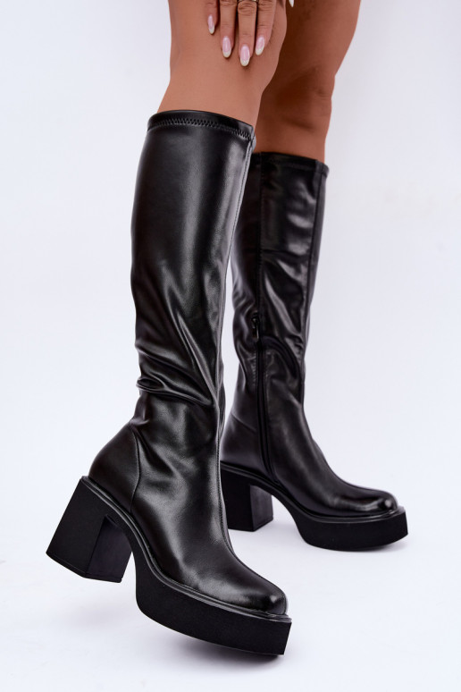 Botas altas para mujer con plataforma y tacones de cuero sintético negro Nesalie