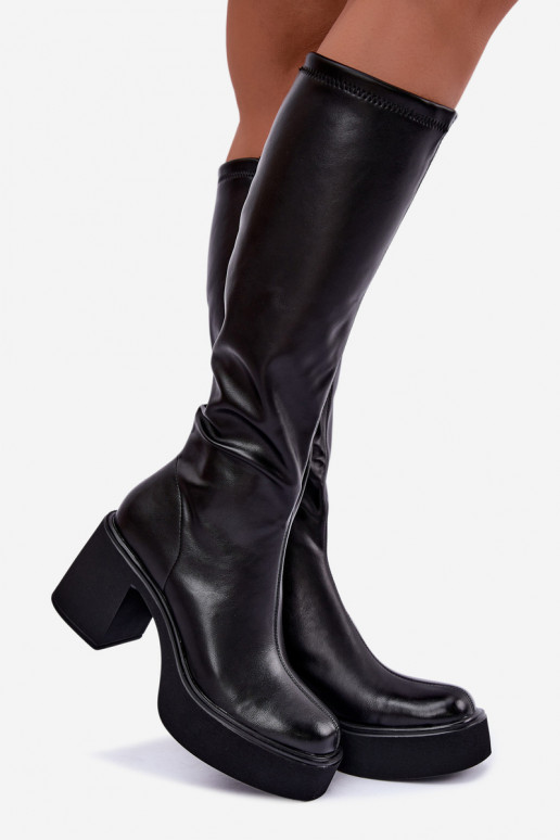 Botas altas para mujer con plataforma y tacones de cuero sintético negro Nesalie