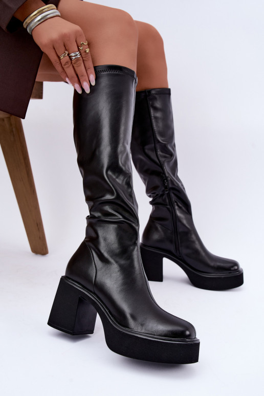 Botas altas para mujer con plataforma y tacones de cuero sintético negro Nesalie