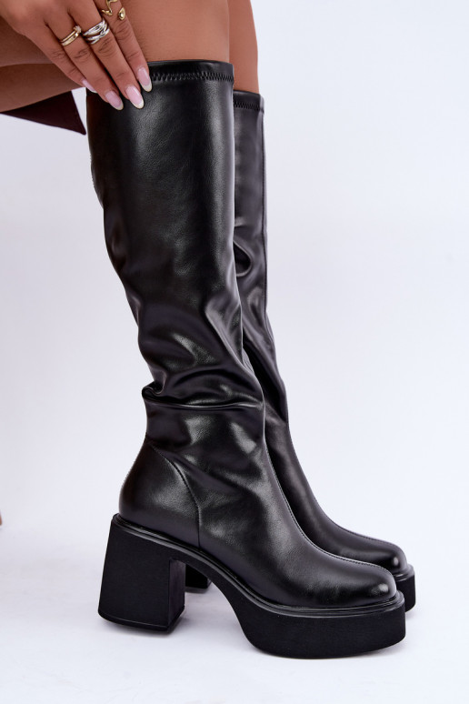 Botas altas para mujer con plataforma y tacones de cuero sintético negro Nesalie