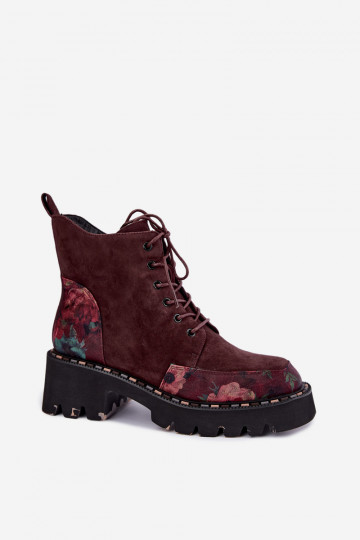 Botas de ante burdeos aisladas con cordones y motivos florales Artiker 59C0248