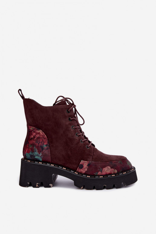Botas de ante burdeos aisladas con cordones y motivos florales Artiker 59C0248