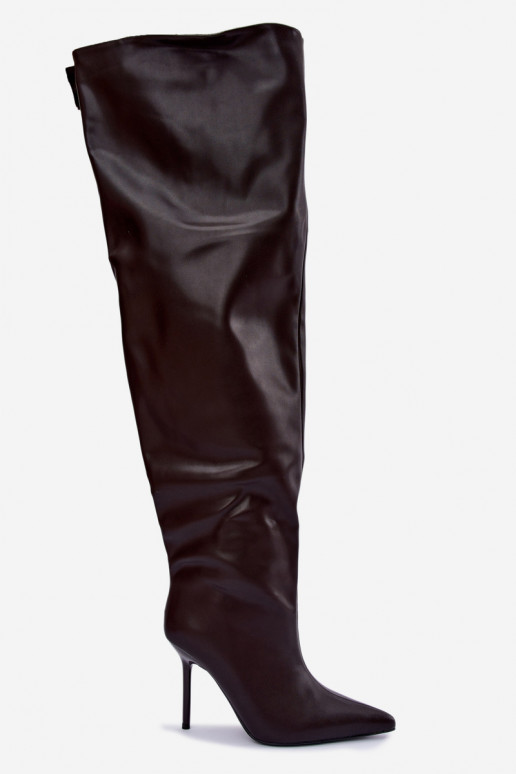 botas altas para mujer con tacones delgados por encima de la rodilla en color chocolate Aderelle