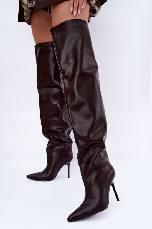 botas altas para mujer con tacones delgados por encima de la rodilla en color chocolate Aderelle