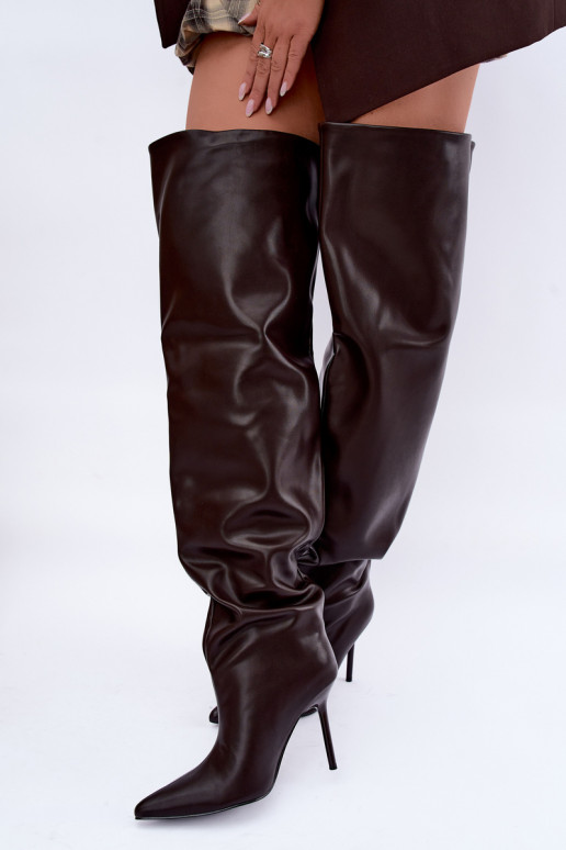 botas altas para mujer con tacones delgados por encima de la rodilla en color chocolate Aderelle