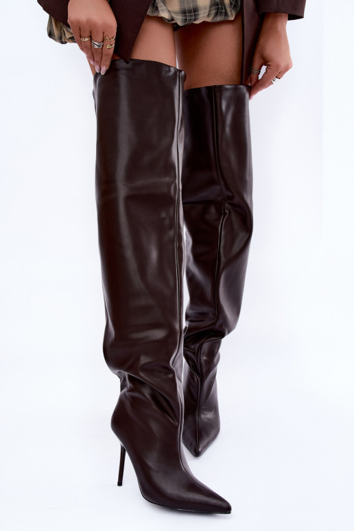 botas altas para mujer con tacones delgados por encima de la rodilla en color chocolate Aderelle