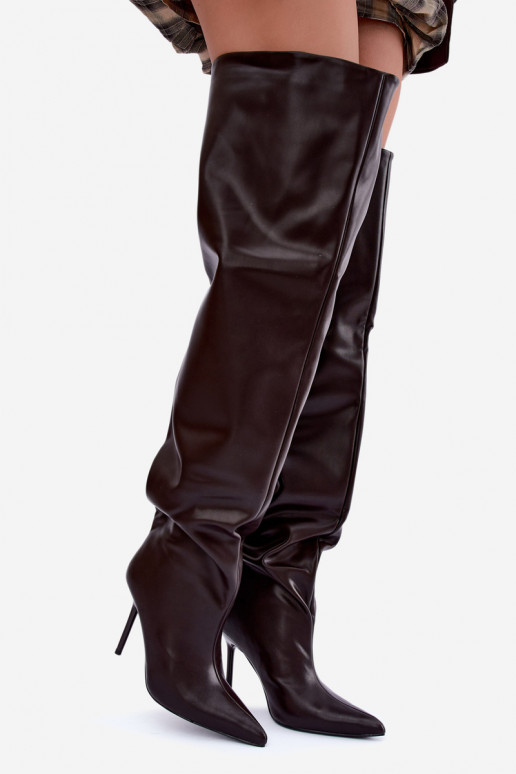 botas altas para mujer con tacones delgados por encima de la rodilla en color chocolate Aderelle