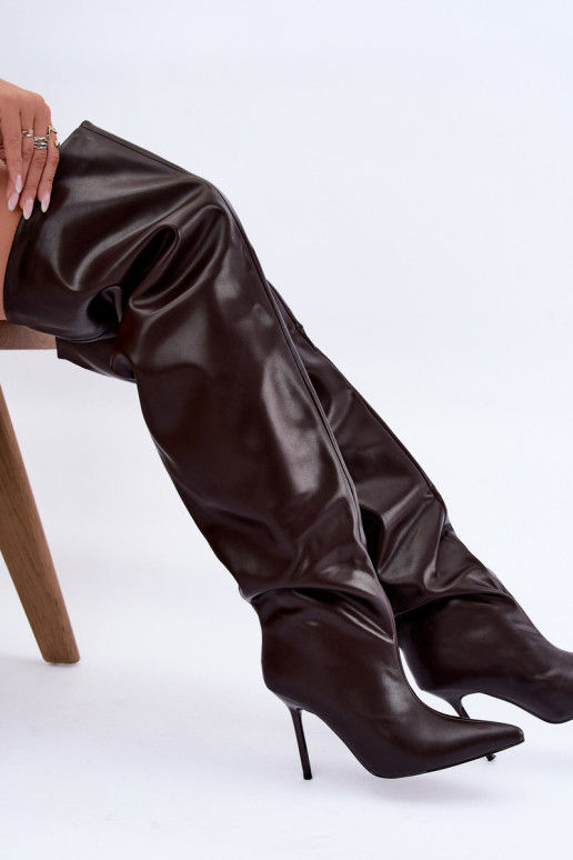 botas altas para mujer con tacones delgados por encima de la rodilla en color chocolate Aderelle