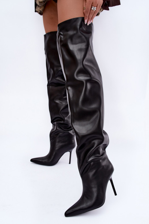 botas altas para mujer con tacones delgados por encima de la rodilla en color negro Aderelle