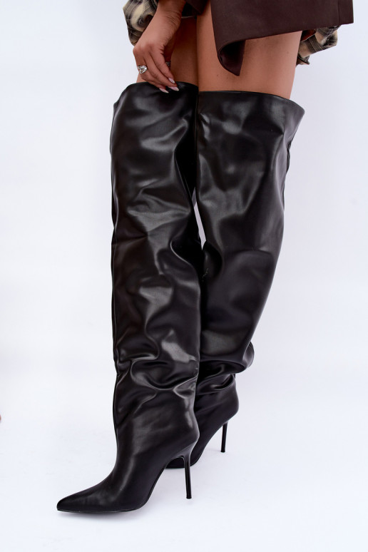 botas altas para mujer con tacones delgados por encima de la rodilla en color negro Aderelle