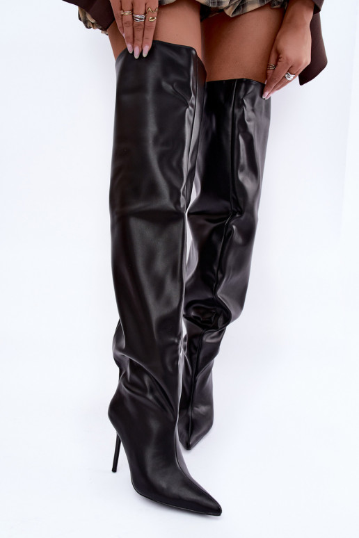 botas altas para mujer con tacones delgados por encima de la rodilla en color negro Aderelle
