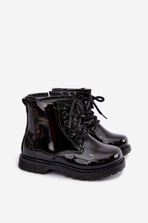 Botines para niños forrados con efecto charol, de cuero sintético, con cremalleras, negros Omua