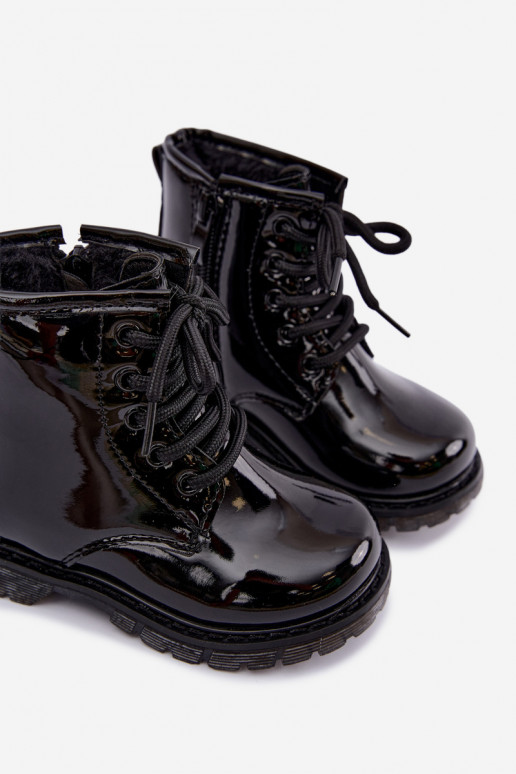 Botines para niños forrados con efecto charol, de cuero sintético, con cremalleras, negros Omua