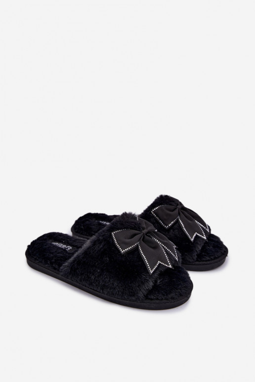 chanclas con pelo y lazos en color negro Fiamelle