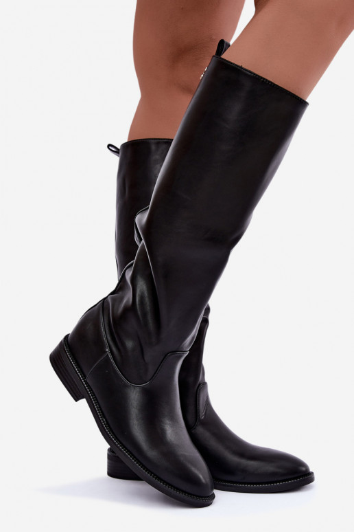 Botas altas cálidas con tacones anchos y volantes en color negro Odelira