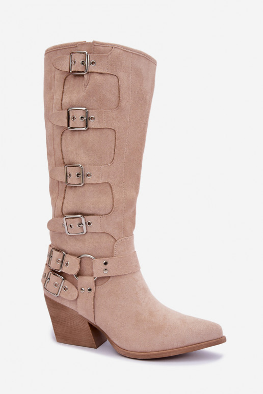 Botas altas de estilo vaquero con tacones y hebillas en color marfil Fivelle