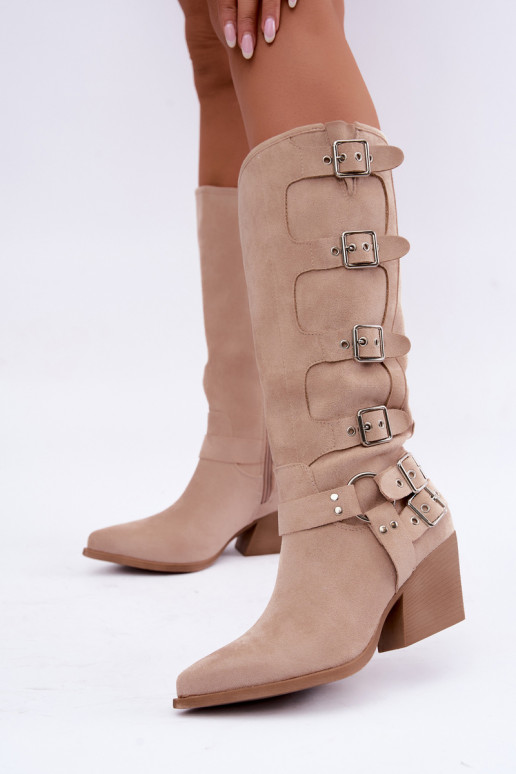 Botas altas de estilo vaquero con tacones y hebillas en color marfil Fivelle