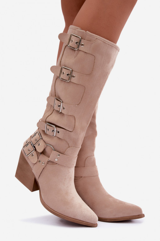 Botas altas de estilo vaquero con tacones y hebillas en color marfil Fivelle