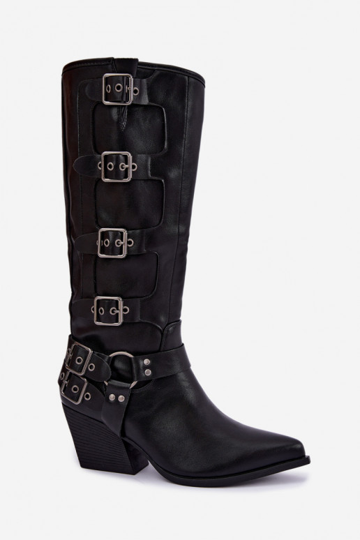 Botas altas de estilo vaquero con tacones y hebillas en cuero sintético negro Fivelle