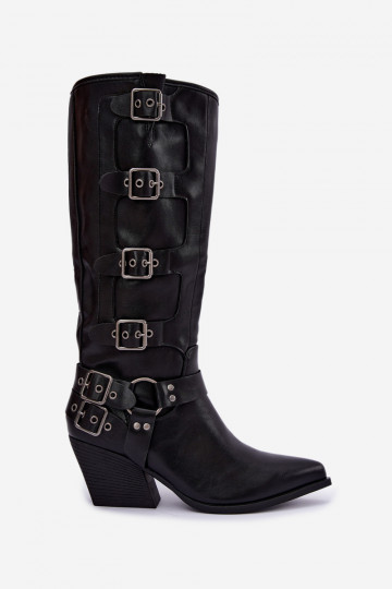 Botas altas de estilo vaquero con tacones y hebillas en cuero sintético negro Fivelle 2