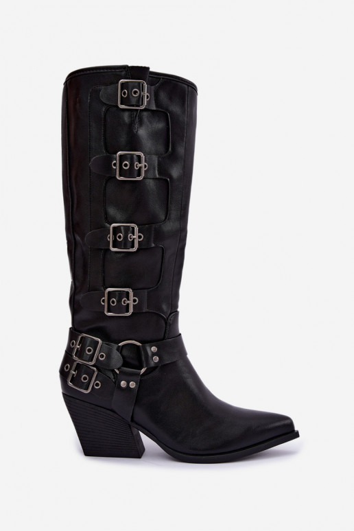 Botas altas de estilo vaquero con tacones y hebillas en cuero sintético negro Fivelle