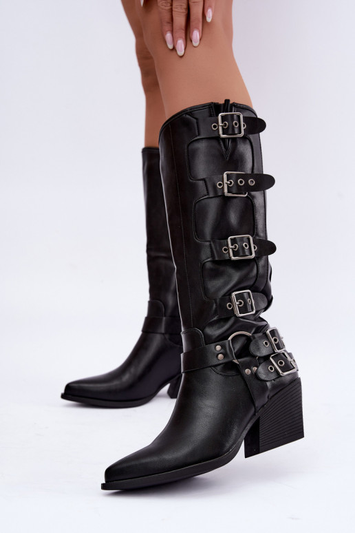 Botas altas de estilo vaquero con tacones y hebillas en cuero sintético negro Fivelle