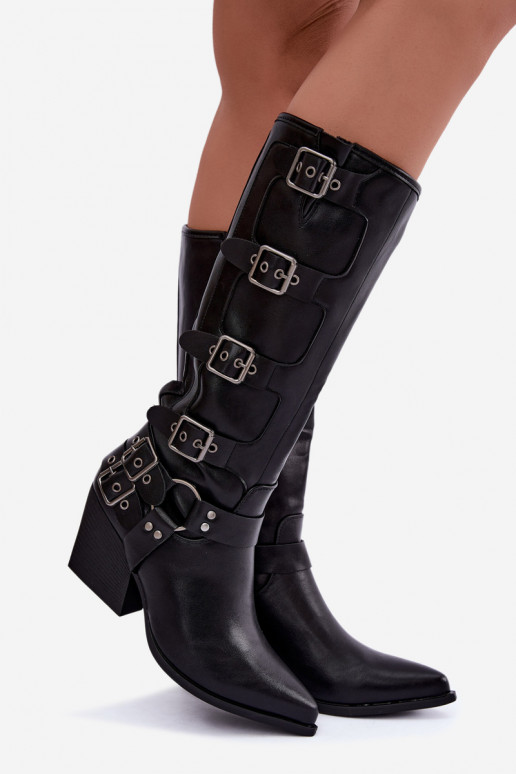 Botas altas de estilo vaquero con tacones y hebillas en cuero sintético negro Fivelle