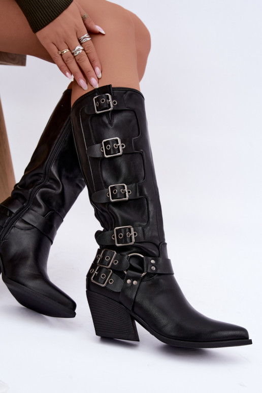 Botas altas de estilo vaquero con tacones y hebillas en cuero sintético negro Fivelle