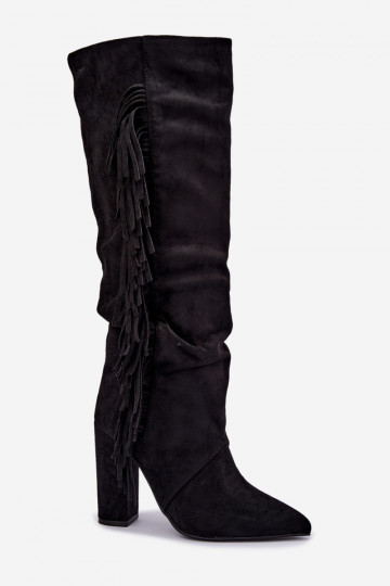 Botas altas arrugadas y cálidas con tacones y borlas en color negro Karmelle