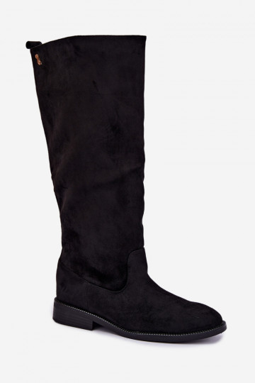 Botas altas cálidas con tacones anchos y volantes en ante sintético negro Odelira