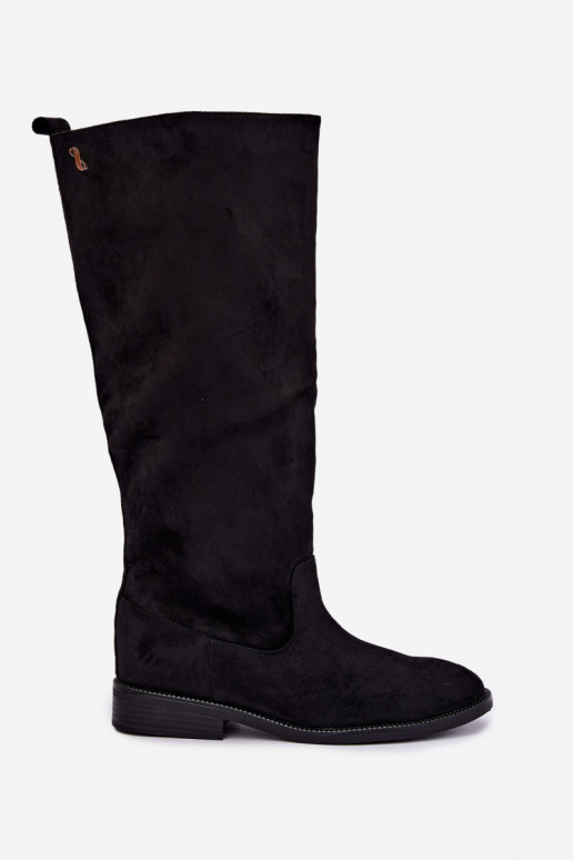 Botas altas cálidas con tacones anchos y volantes en ante sintético negro Odelira