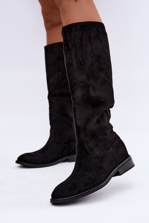 Botas altas cálidas con tacones anchos y volantes en ante sintético negro Odelira