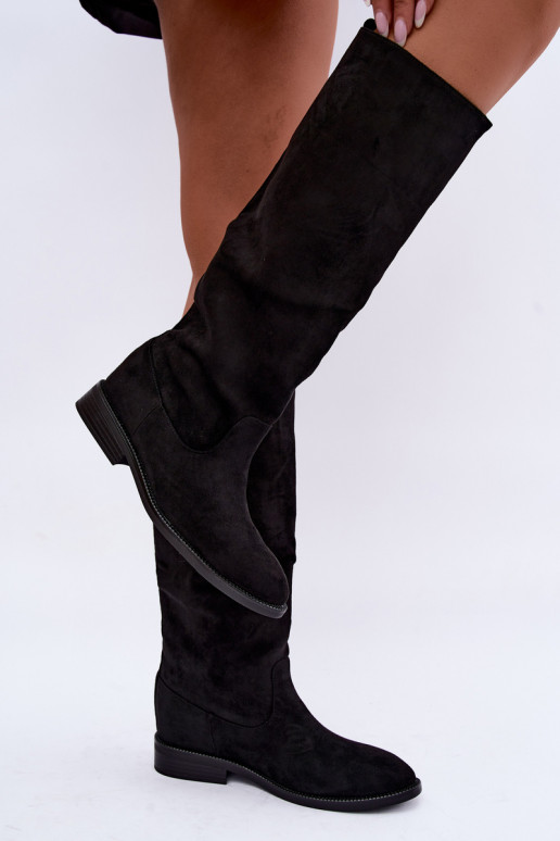 Botas altas cálidas con tacones anchos y volantes en ante sintético negro Odelira