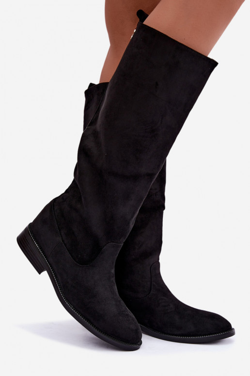 Botas altas cálidas con tacones anchos y volantes en ante sintético negro Odelira