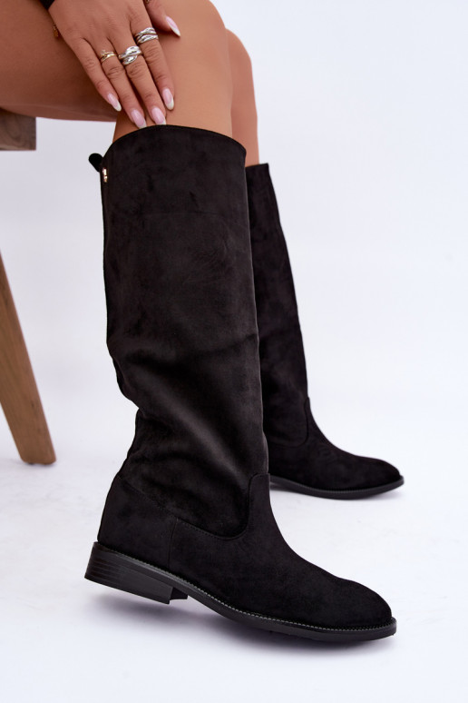 Botas altas cálidas con tacones anchos y volantes en ante sintético negro Odelira