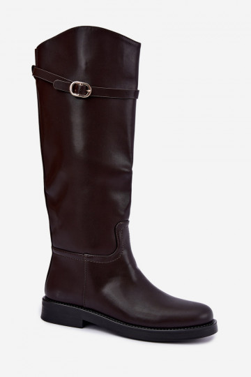 Botas altas de mujer con tacones anchos y correas con hebillas en color chocolate Sylvena