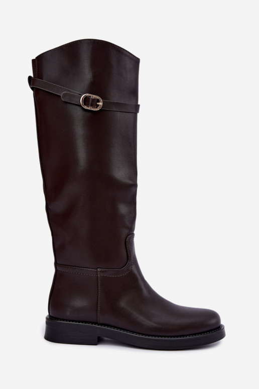 Botas altas de mujer con tacones anchos y correas con hebillas en color chocolate Sylvena