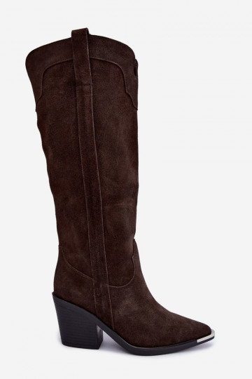 Botas altas de estilo cowboy con tacones en ante sintético marrón