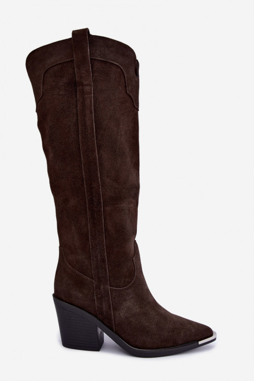 Botas altas de estilo cowboy con tacones en ante sintético marrón