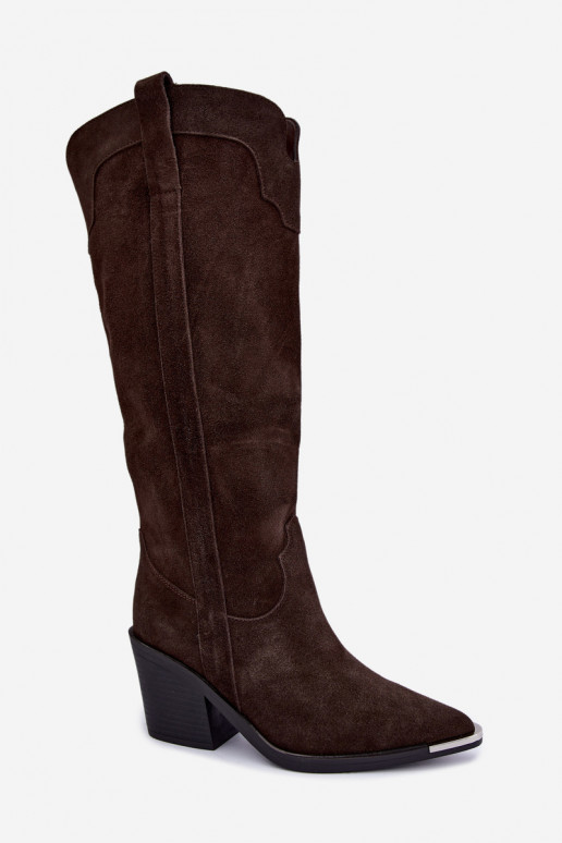Botas altas de estilo cowboy con tacones en ante sintético marrón
