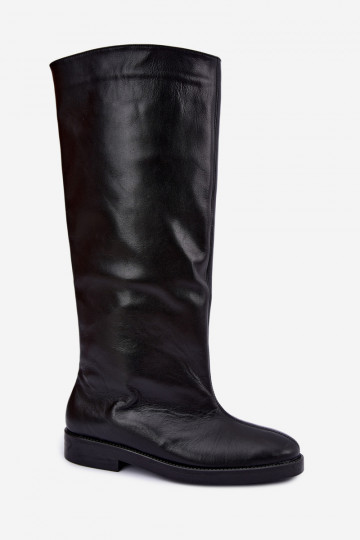 Botas altas de cuero cálidas con tacones anchos en negro Zazoo 542