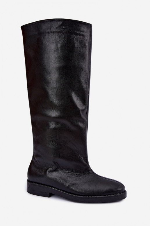 Botas altas de cuero cálidas con tacones anchos en negro Zazoo 542